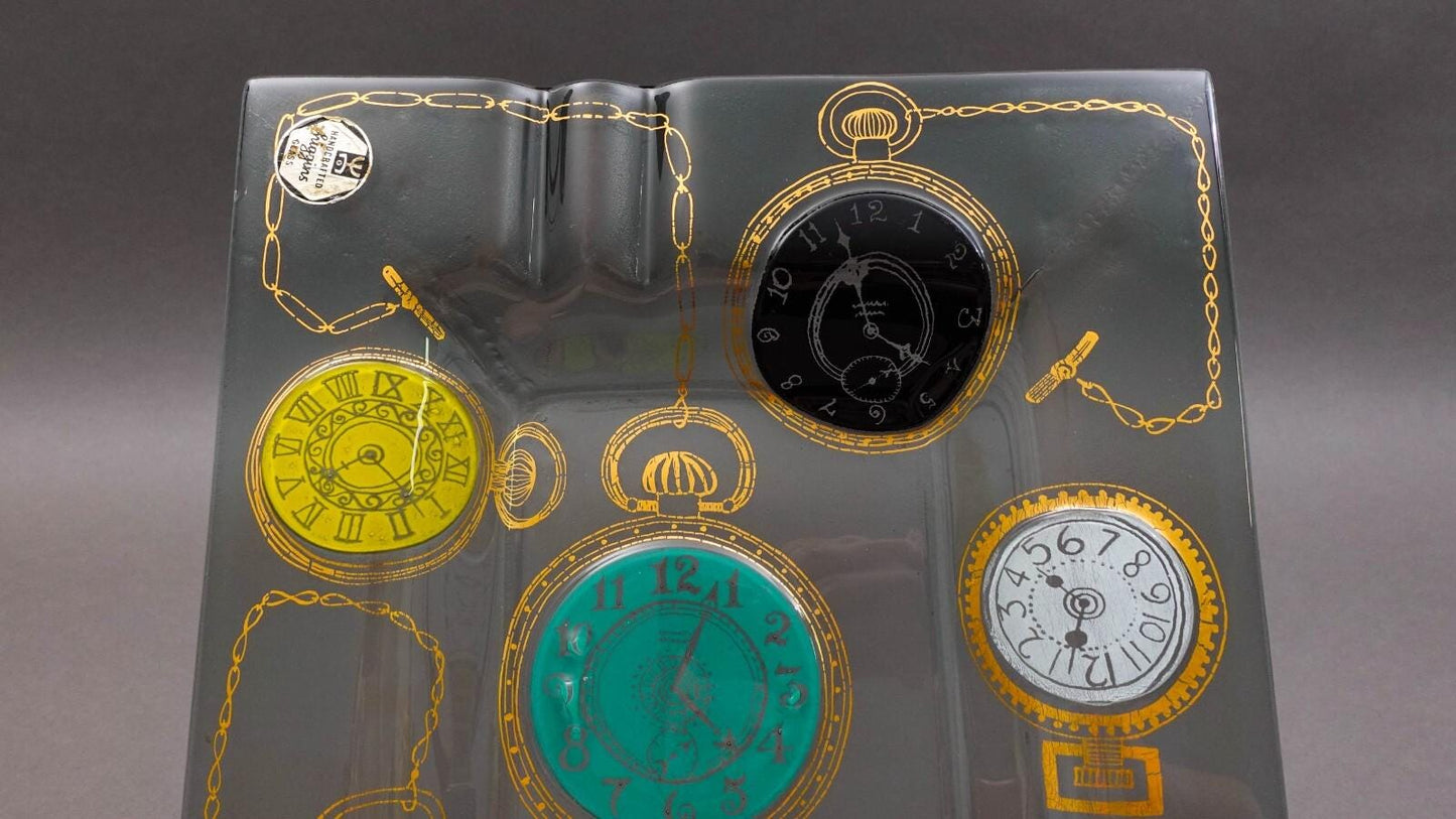 Higgins Glass Studio Vintage Pocket Watches Fused Art Glass Ashtray Catchall 14"