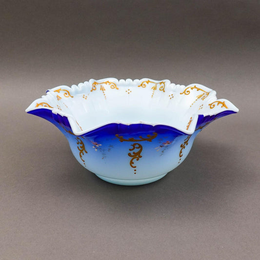 Victorian Blue Satin Hand Painted Gold Gilt Floral Art Glass Brides Bowl 10 1/2"