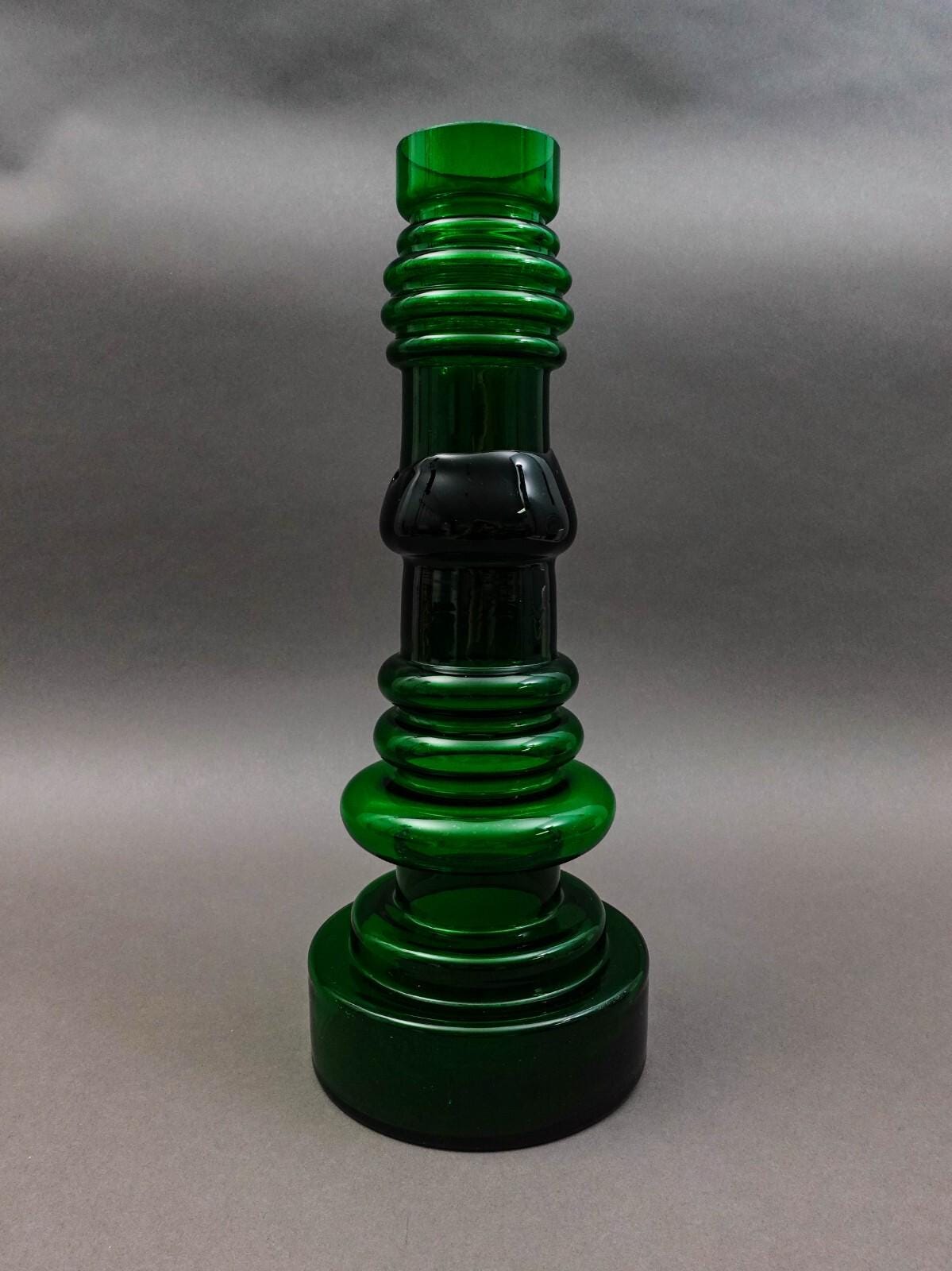 Nuutajarvi Notsjo Signed Finland Oiva Toikka MCM Green Glass Vase 15.75" (Read)