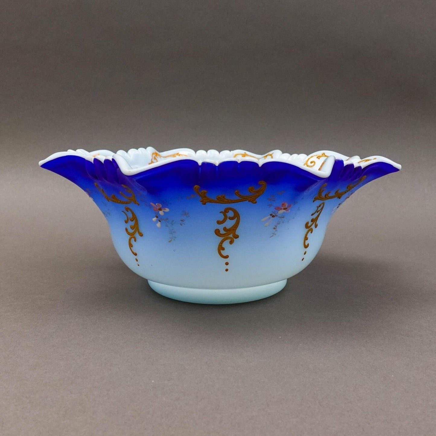 Victorian Blue Satin Hand Painted Gold Gilt Floral Art Glass Brides Bowl 10 1/2"