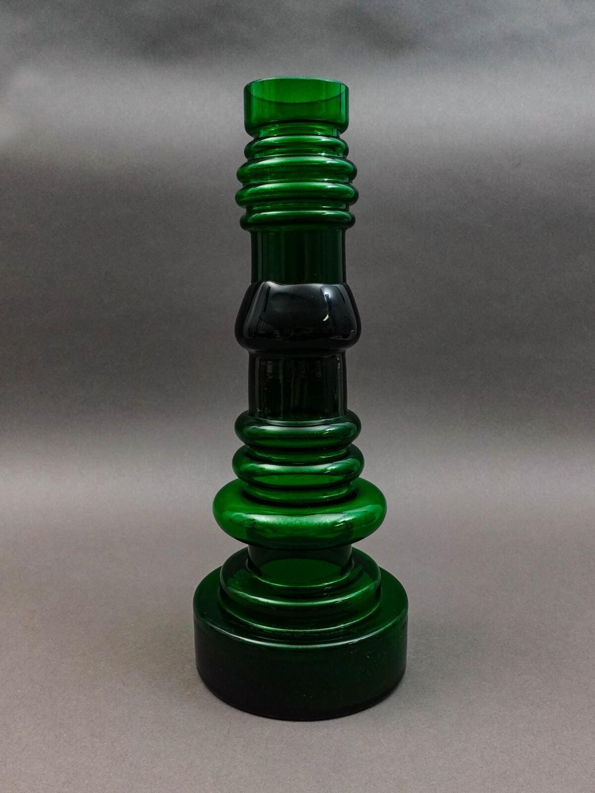 Nuutajarvi Notsjo Signed Finland Oiva Toikka MCM Green Glass Vase 15.75" (Read)