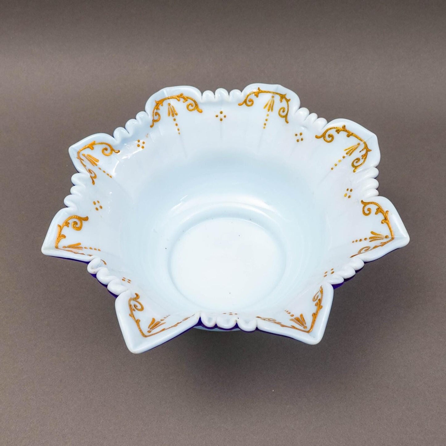 Victorian Blue Satin Hand Painted Gold Gilt Floral Art Glass Brides Bowl 10 1/2"