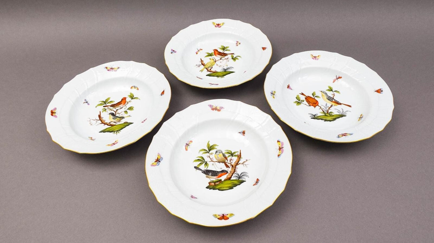 Herend Hungary Rothschild Bird 1501 Rimmed 9 1/2" Soup Bowl Set Of 4