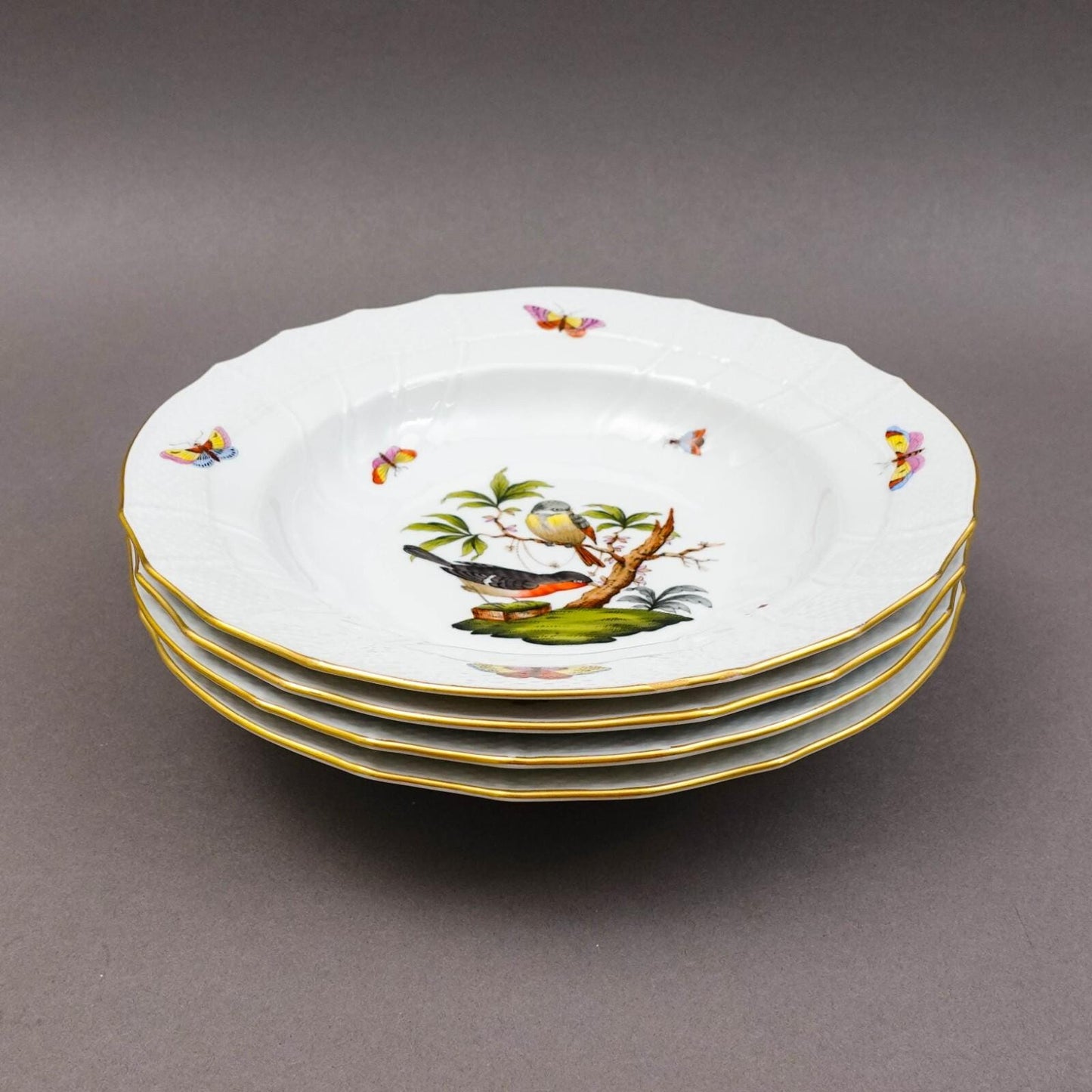 Herend Hungary Rothschild Bird 1501 Rimmed 9 1/2" Soup Bowl Set Of 4