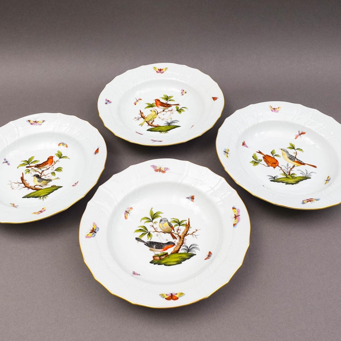 Herend Hungary Rothschild Bird 1501 Rimmed 9 1/2" Soup Bowl Set Of 4