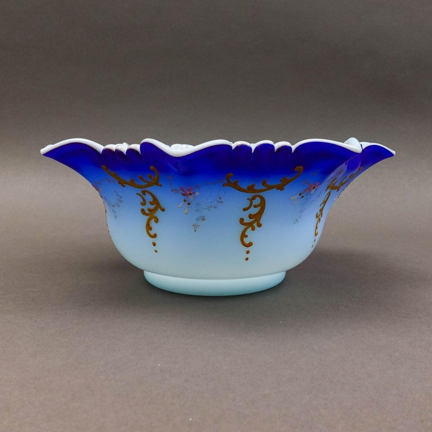 Victorian Blue Satin Hand Painted Gold Gilt Floral Art Glass Brides Bowl 10 1/2"