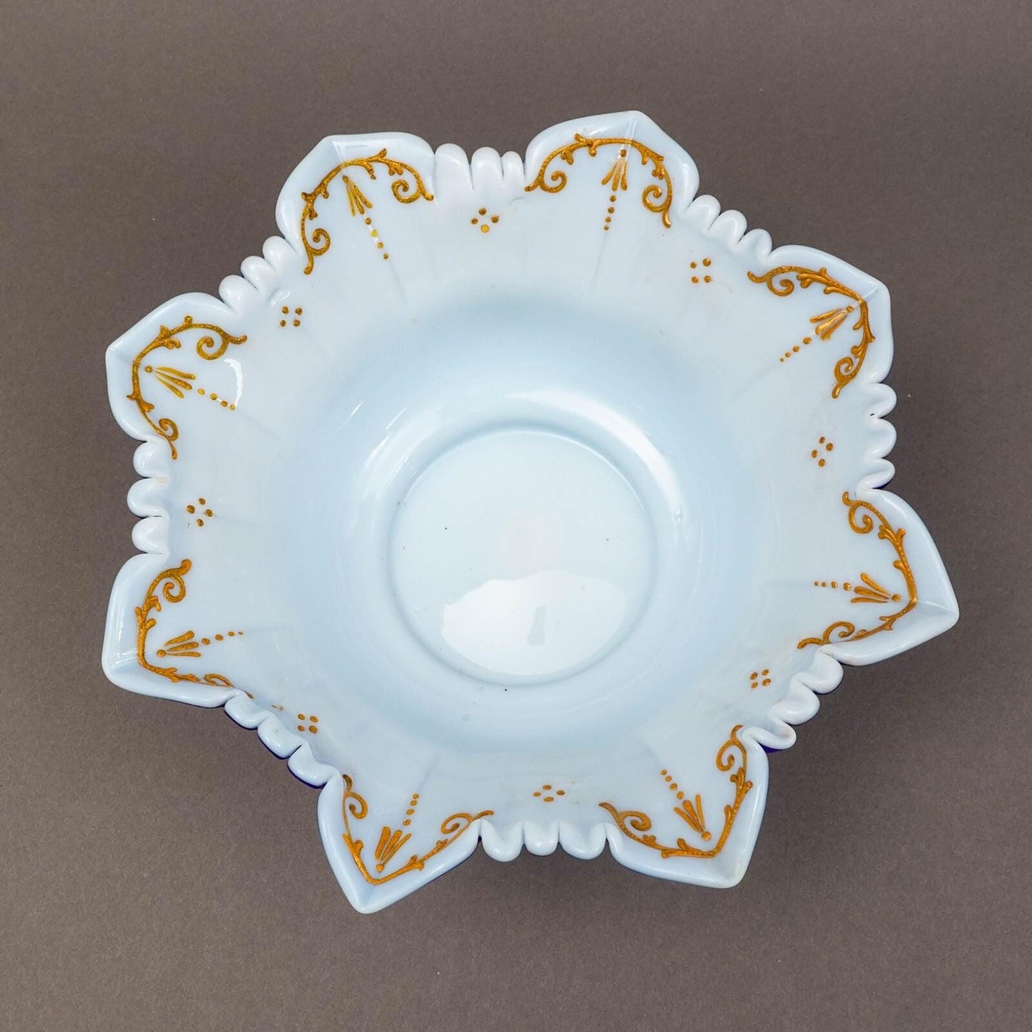 Victorian Blue Satin Hand Painted Gold Gilt Floral Art Glass Brides Bowl 10 1/2"