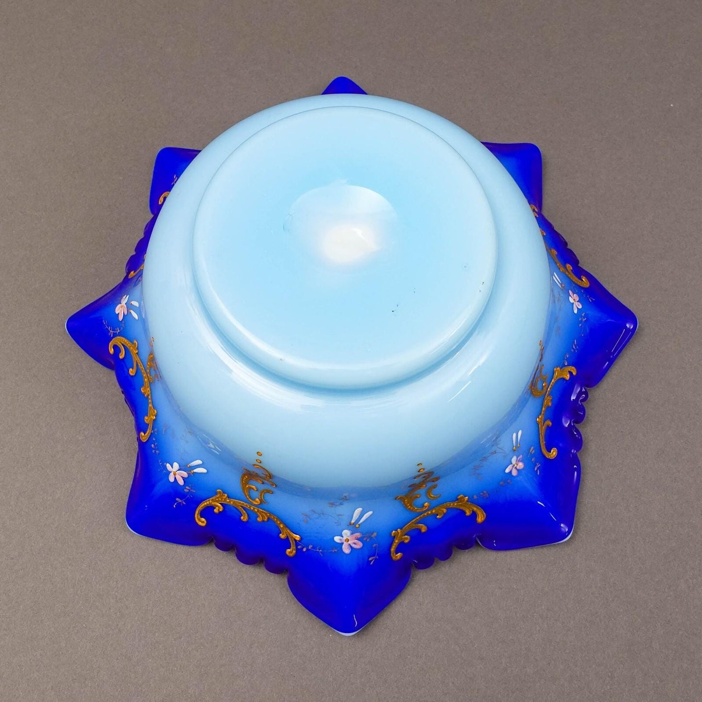 Victorian Blue Satin Hand Painted Gold Gilt Floral Art Glass Brides Bowl 10 1/2"