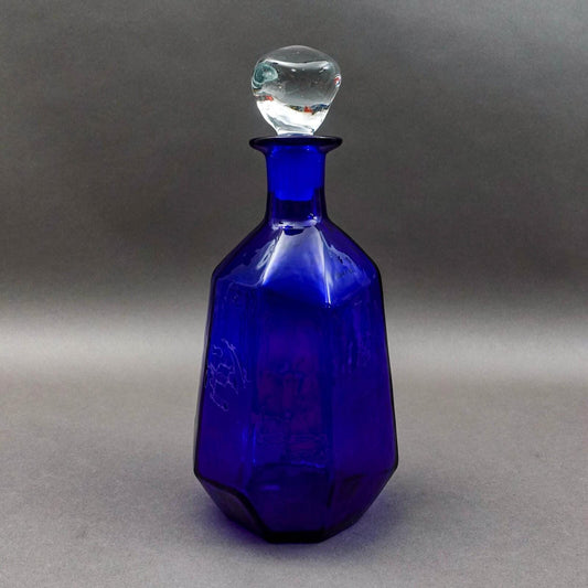Blenko Don Sheppard 8132M Facet Line Sapphire Blue Glass Decanter With Stopper