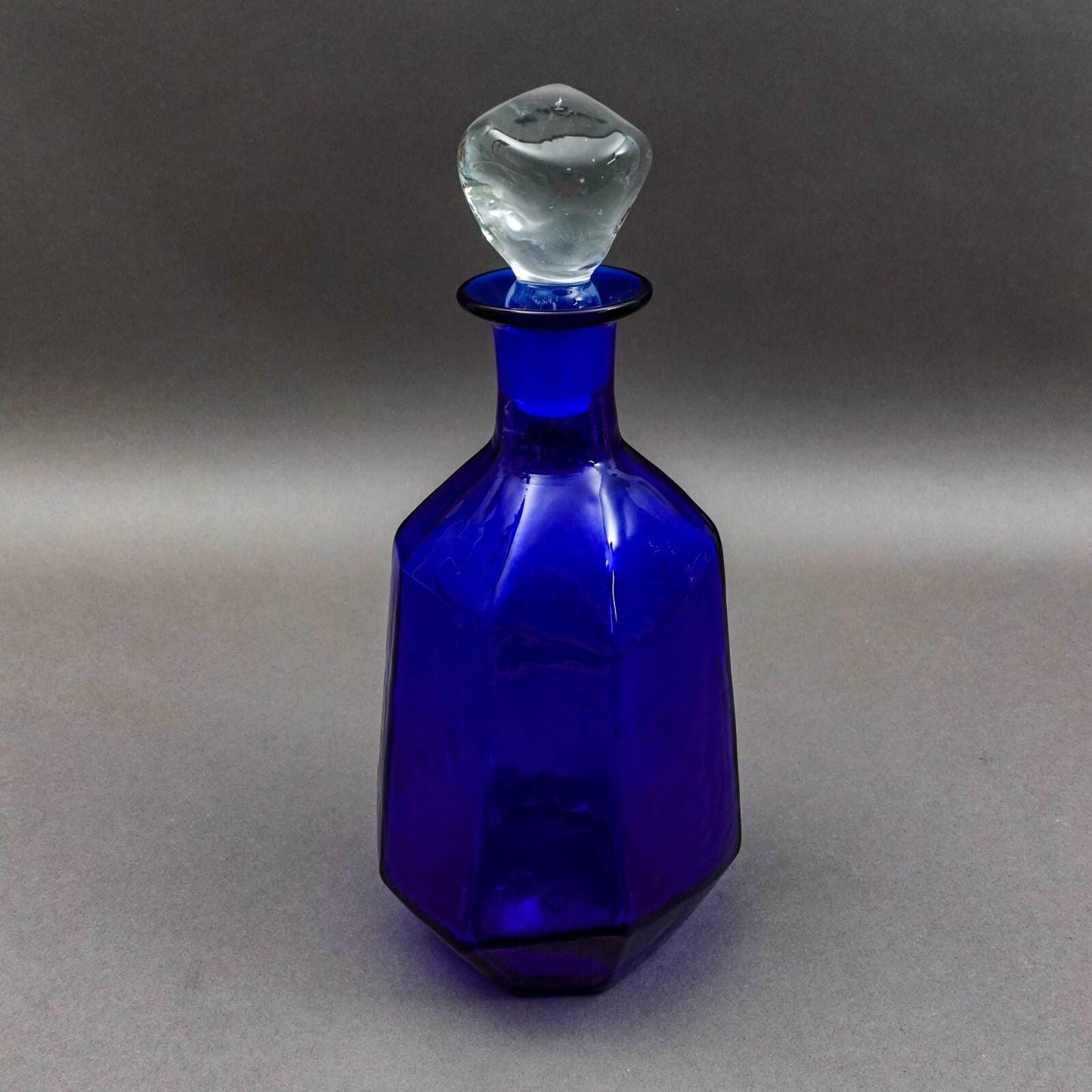 Blenko Don Sheppard 8132M Facet Line Sapphire Blue Glass Decanter With Stopper