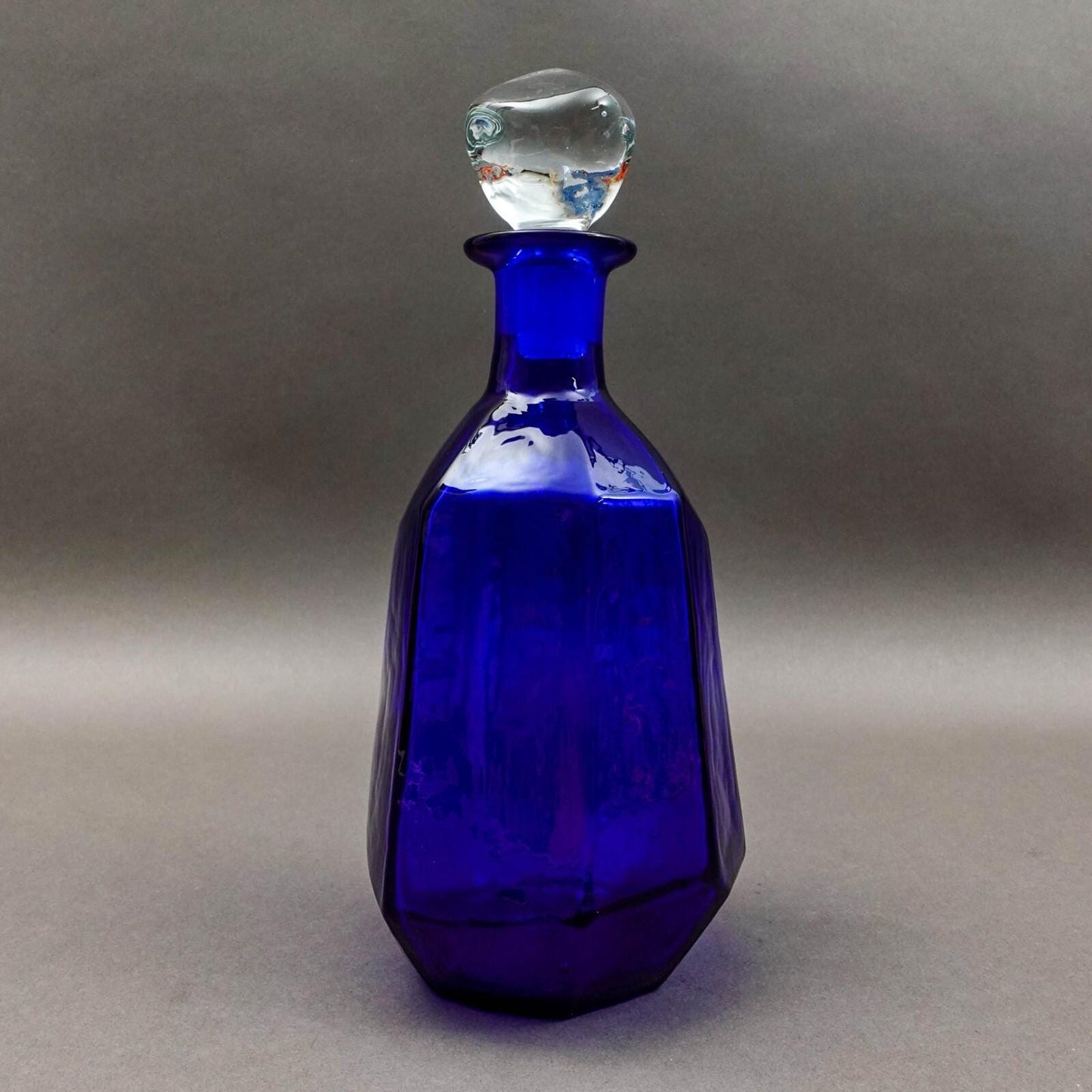 Blenko Don Sheppard 8132M Facet Line Sapphire Blue Glass Decanter With Stopper