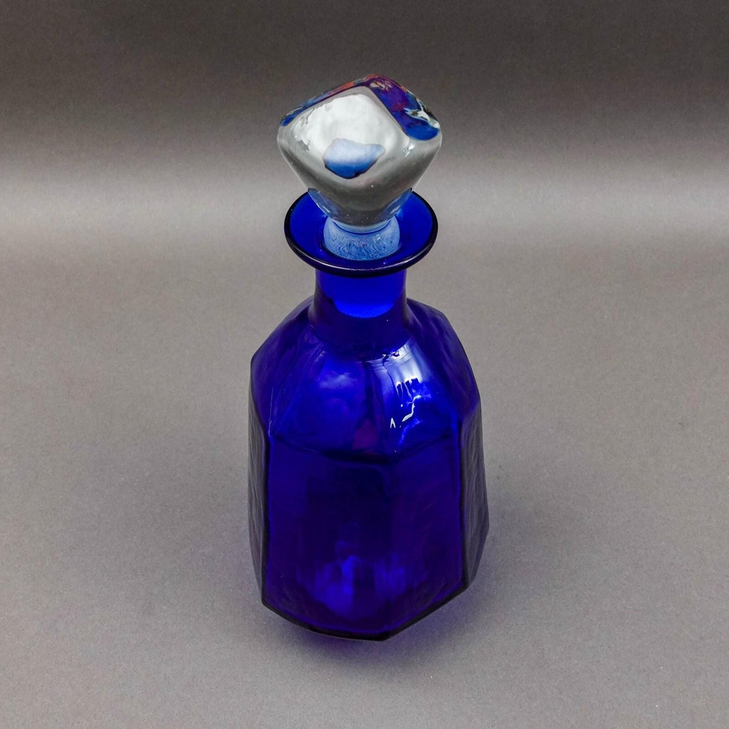 Blenko Don Sheppard 8132M Facet Line Sapphire Blue Glass Decanter With Stopper