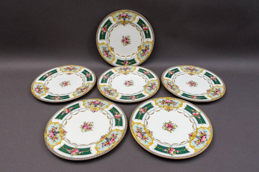 Royal Worcester C2115 Green Pink Roses Porcelain Dinner Plates Set Of 6 (Read)