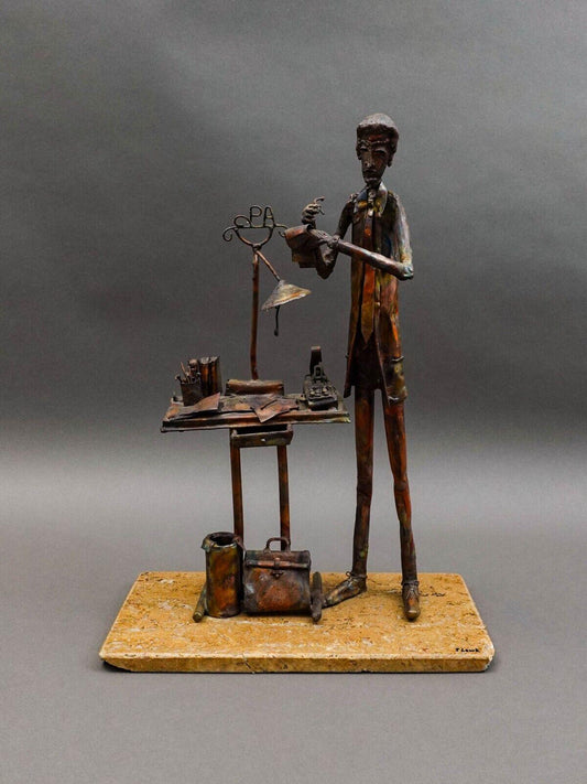 Jim Lewk Signed Brutalist CPA Copper Art Sculpture W/ Marble Base 16.25" (Read)