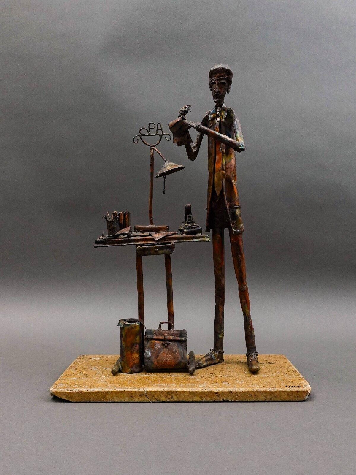 Jim Lewk Signed Brutalist CPA Copper Art Sculpture W/ Marble Base 16.25" (Read)