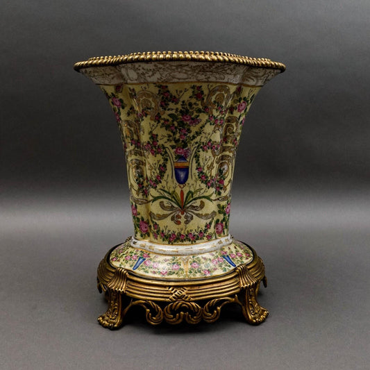 United Wilson UW 1897 Crackle Hand Painted Floral Bronze & Porcelain Vase 12.75"