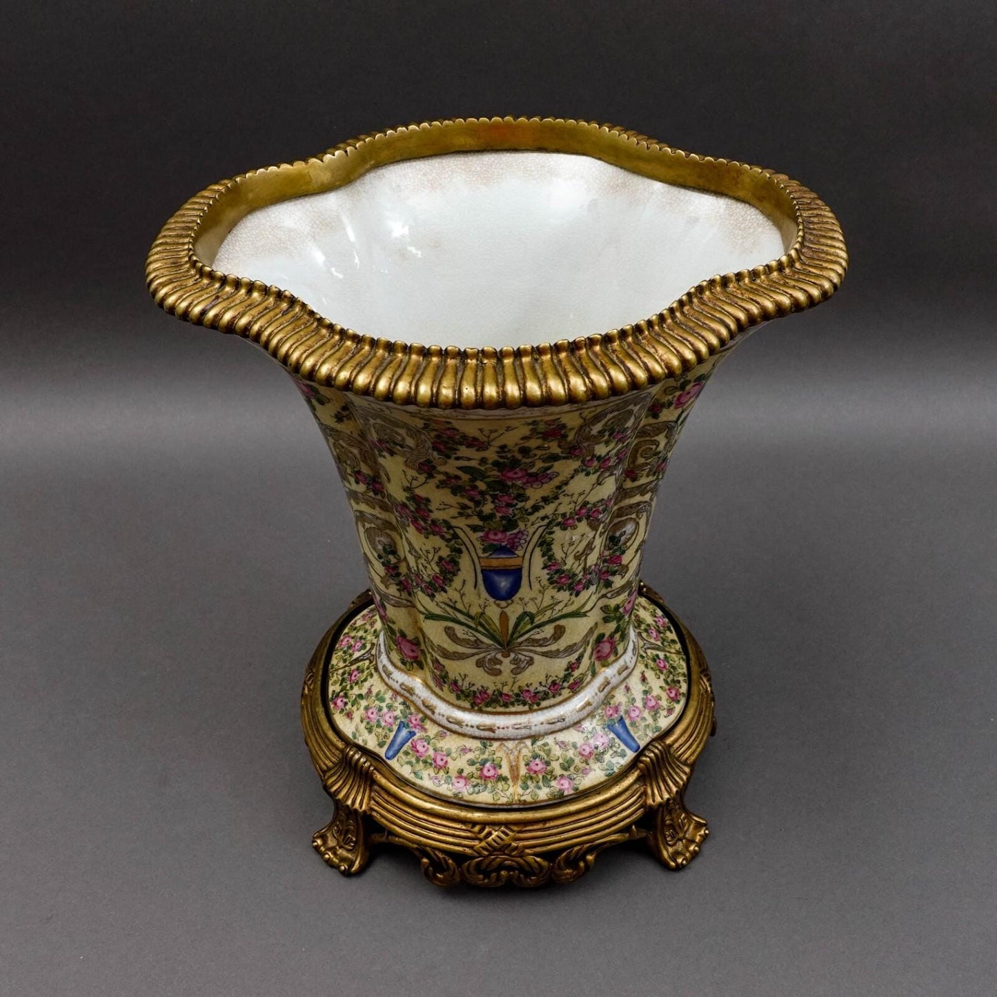 United Wilson UW 1897 Crackle Hand Painted Floral Bronze & Porcelain Vase 12.75"