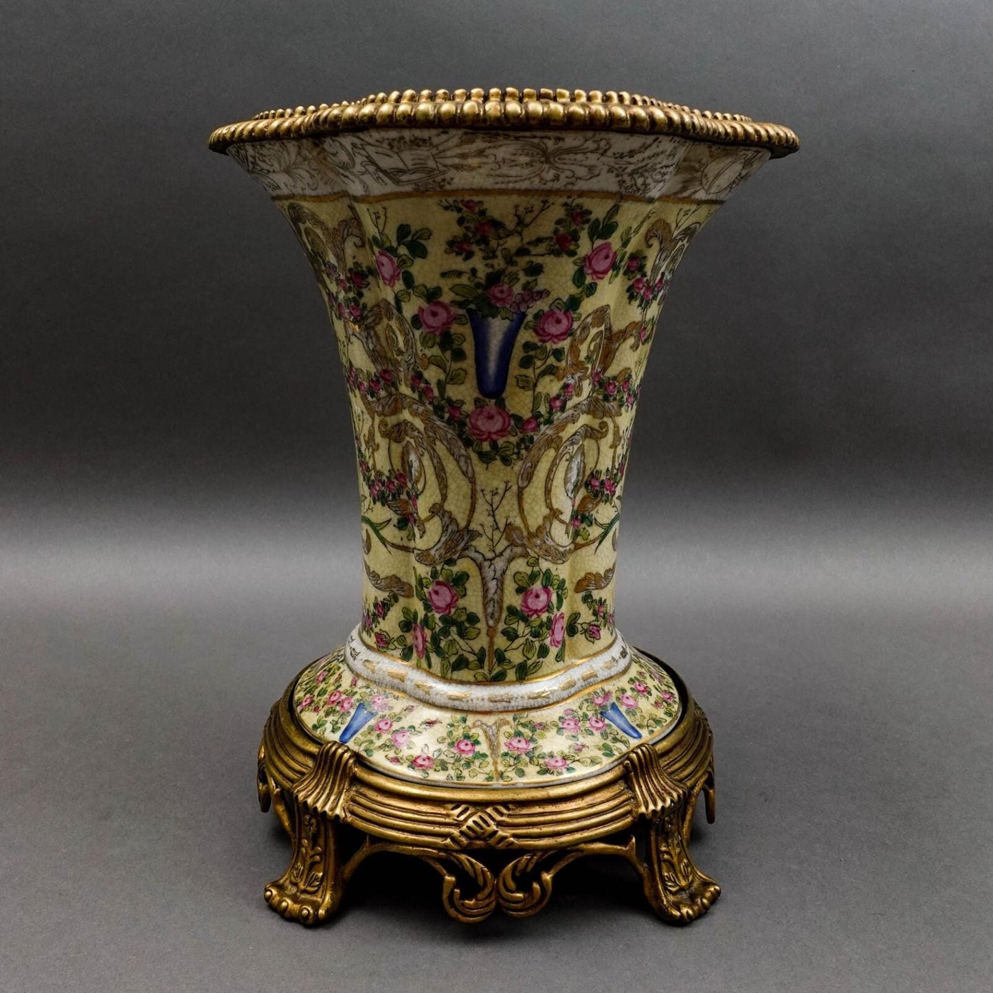 United Wilson UW 1897 Crackle Hand Painted Floral Bronze & Porcelain Vase 12.75"