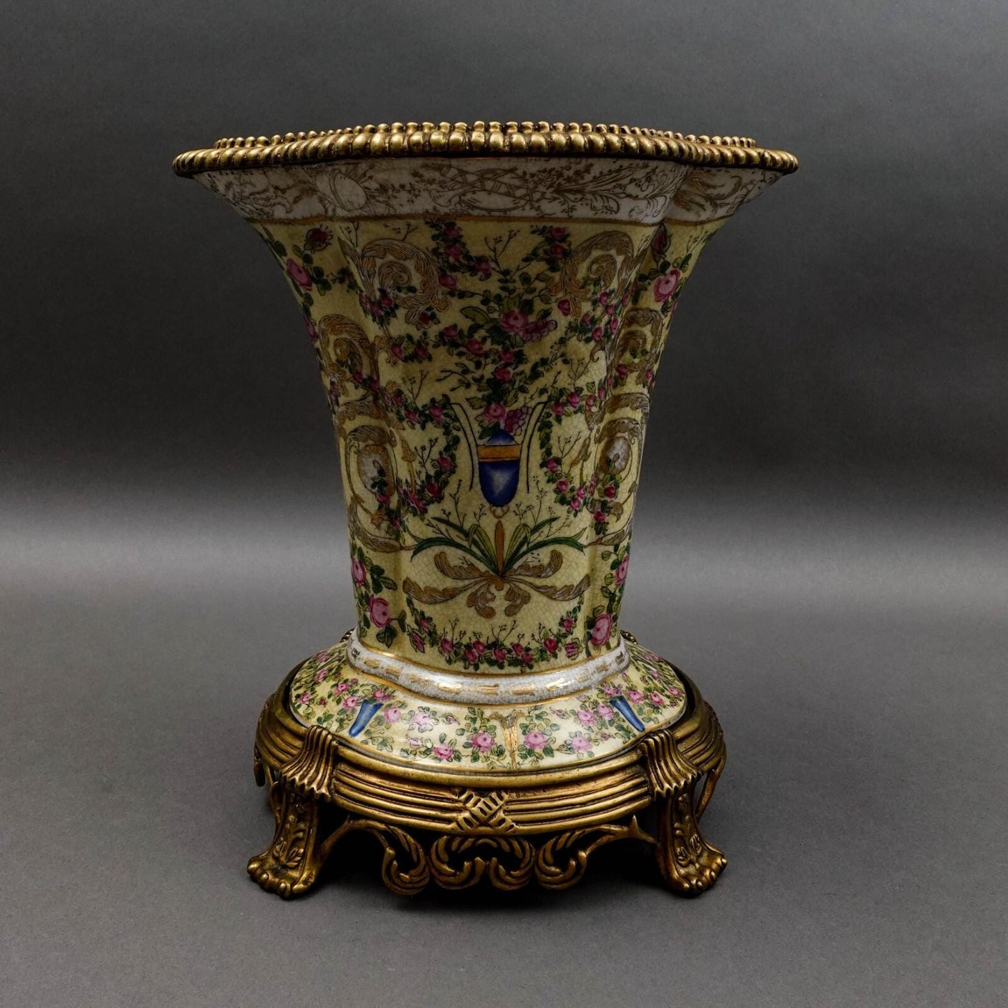 United Wilson UW 1897 Crackle Hand Painted Floral Bronze & Porcelain Vase 12.75"