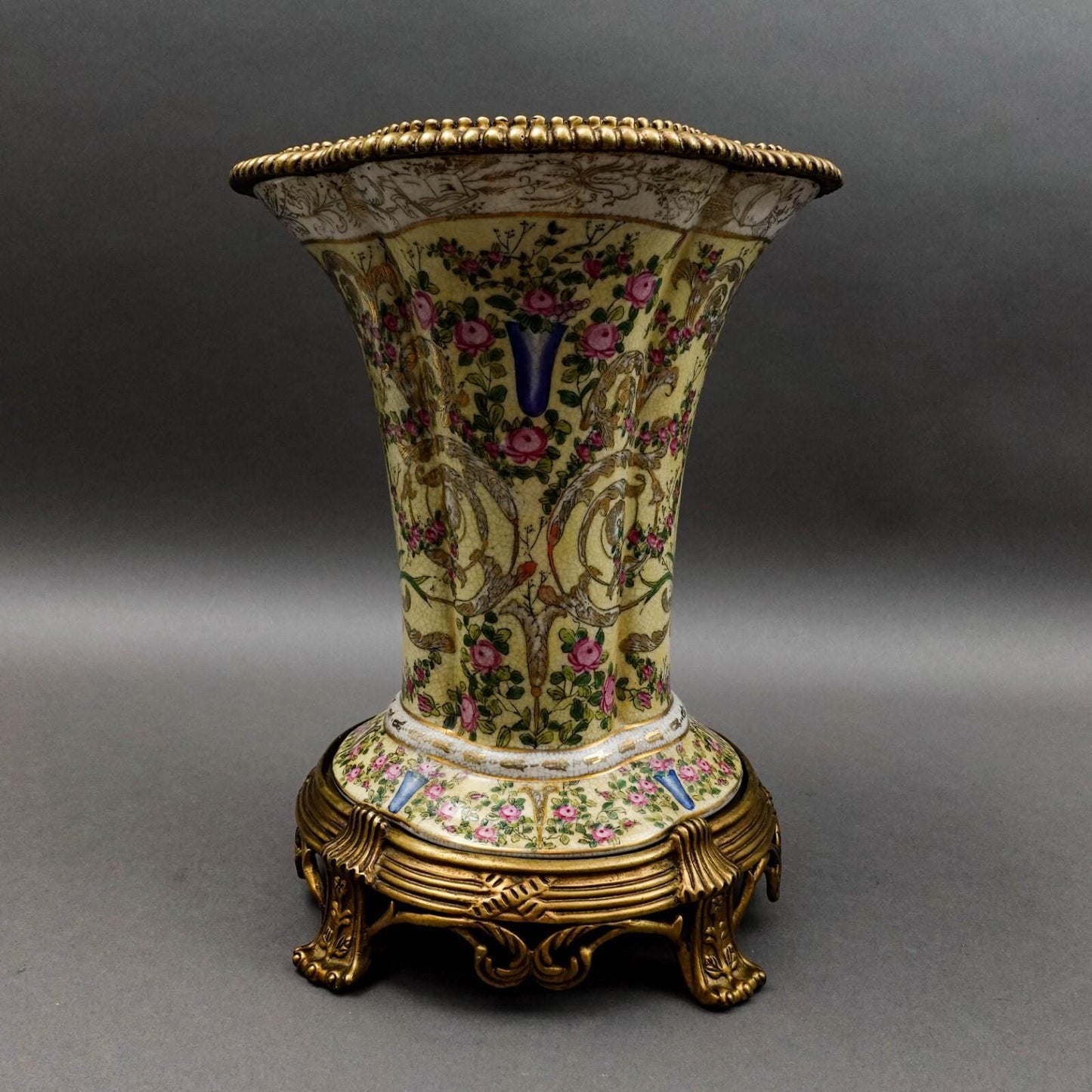 United Wilson UW 1897 Crackle Hand Painted Floral Bronze & Porcelain Vase 12.75"
