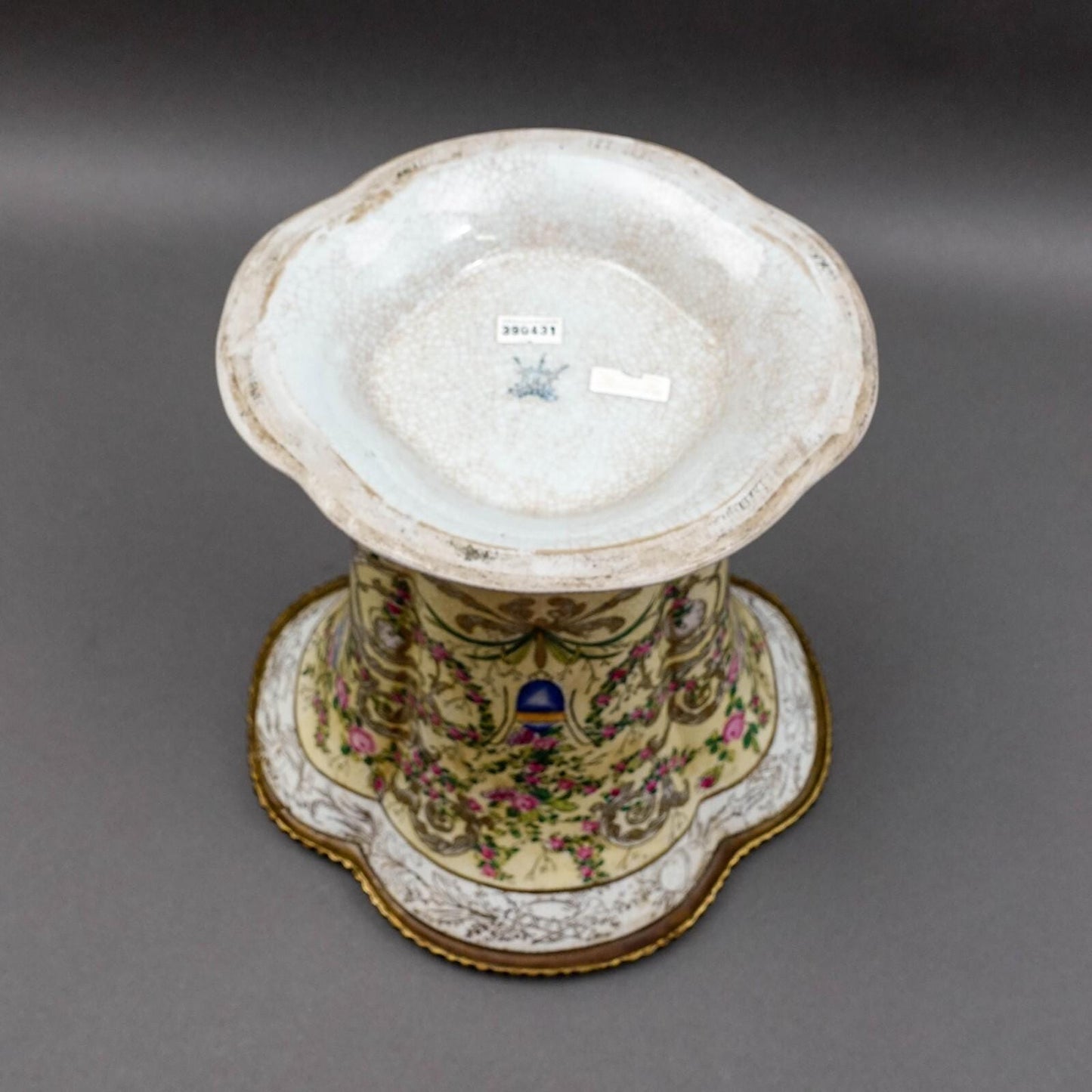 United Wilson UW 1897 Crackle Hand Painted Floral Bronze & Porcelain Vase 12.75"