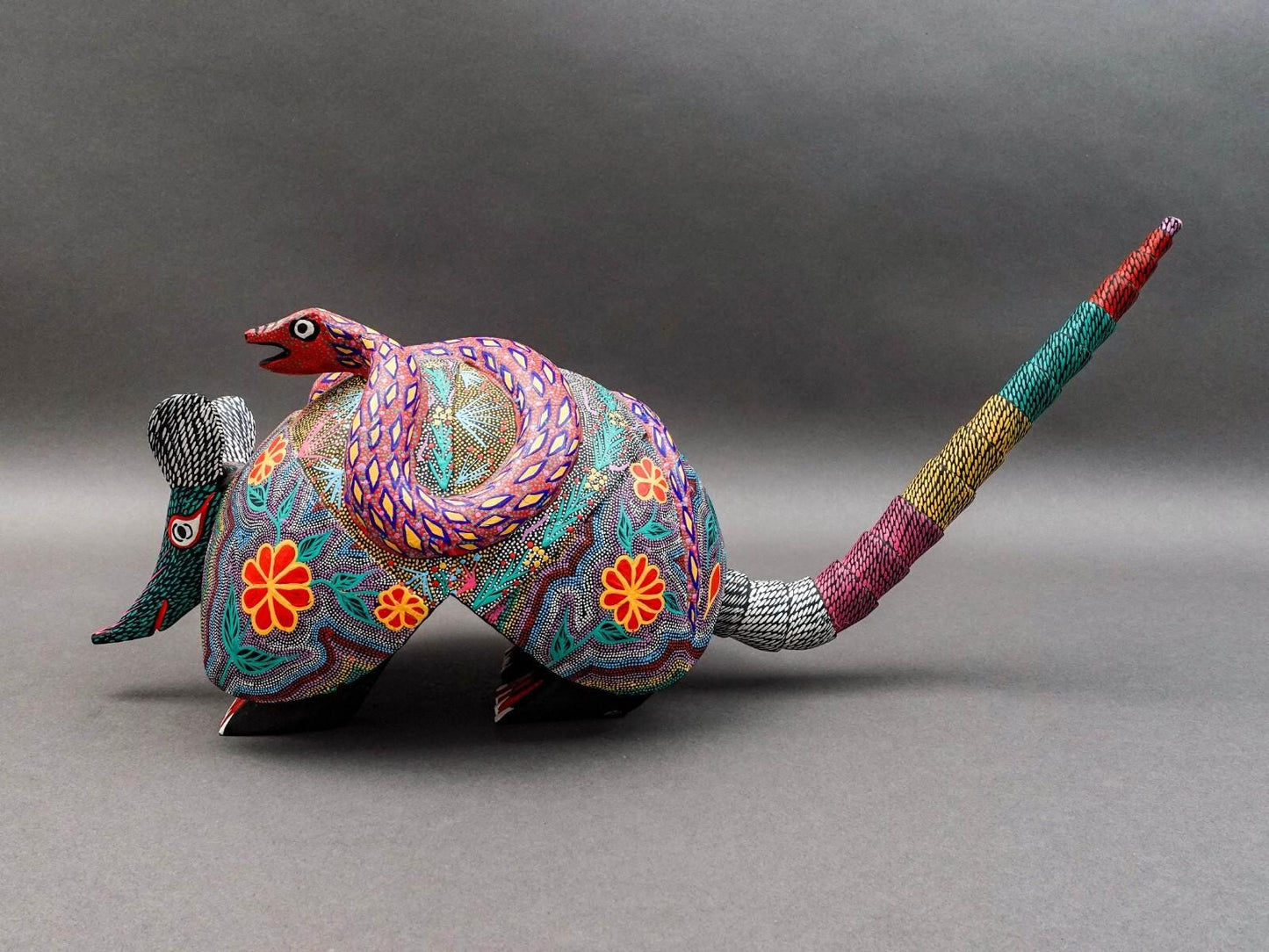 Oaxacan Wood Carved Painted Armadillo Snake Alebrije Mexican Art Sculpture 21.5"