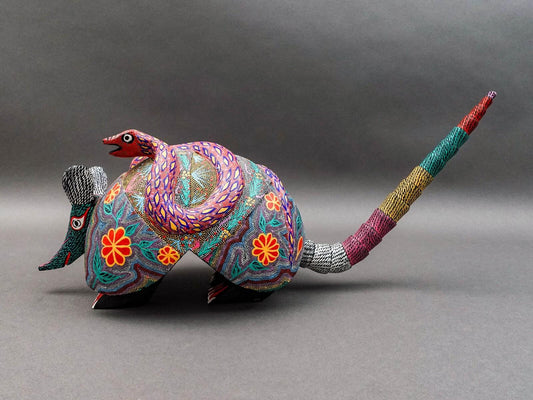 Oaxacan Wood Carved Painted Armadillo Snake Alebrije Mexican Art Sculpture 21.5"