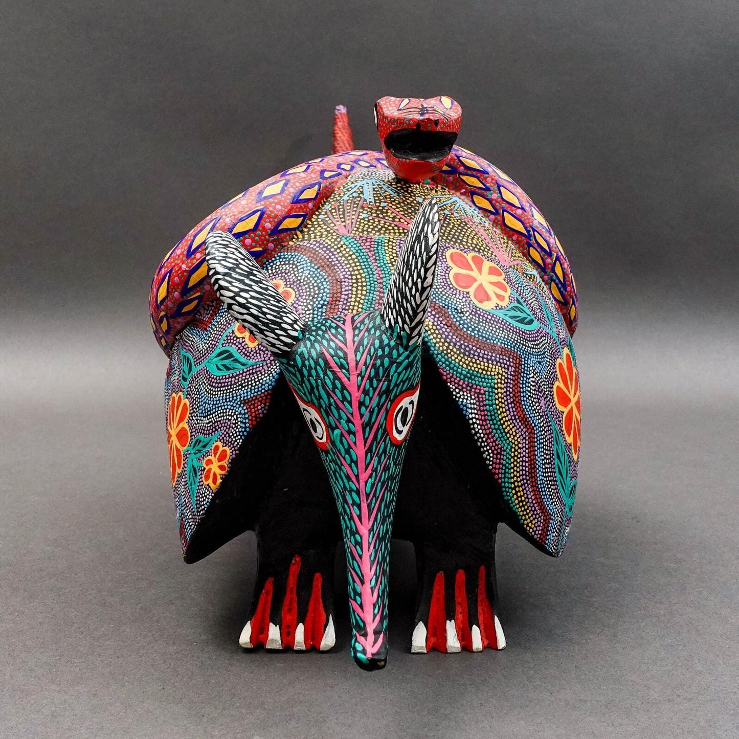 Oaxacan Wood Carved Painted Armadillo Snake Alebrije Mexican Art Sculpture 21.5"