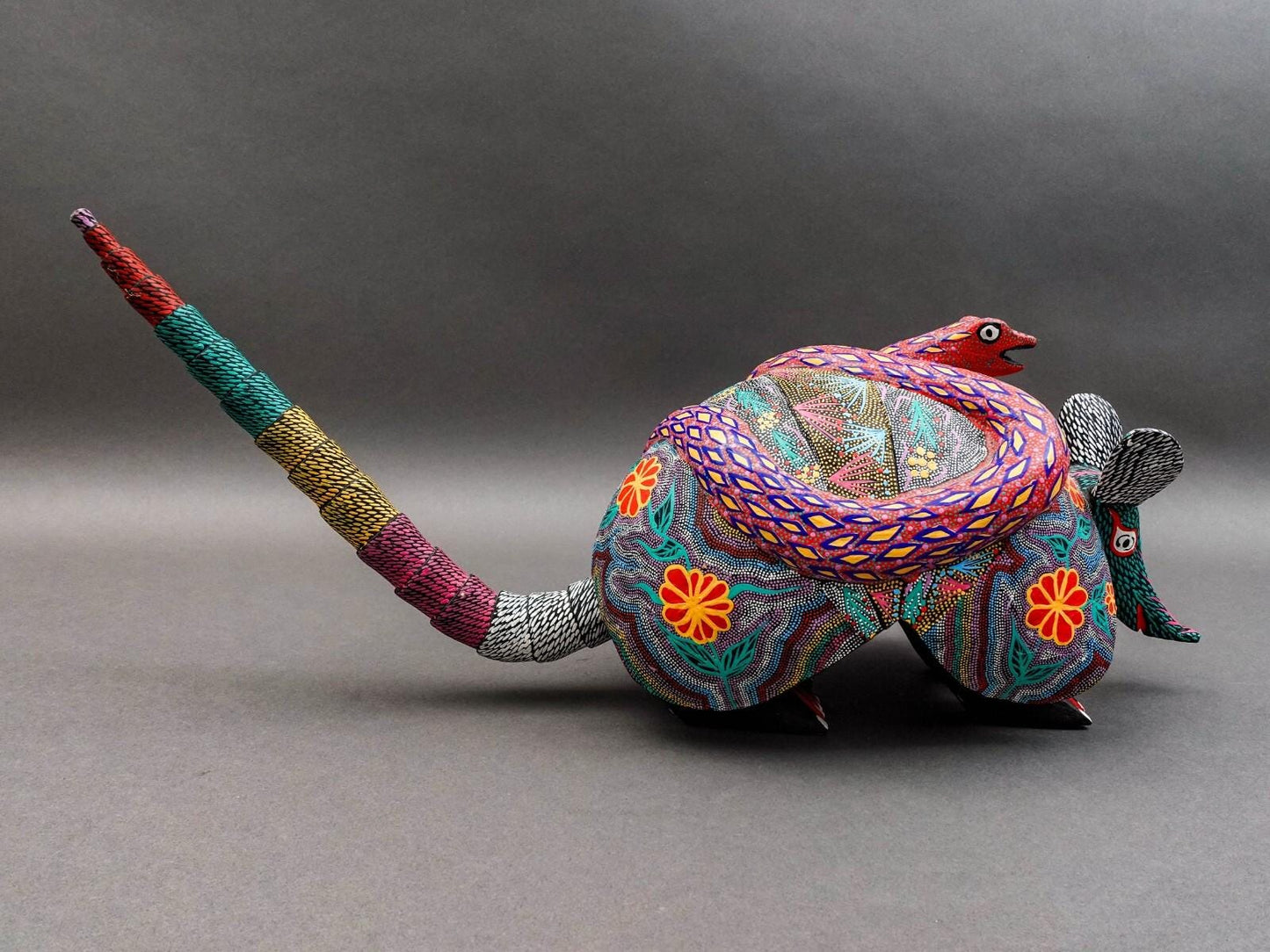 Oaxacan Wood Carved Painted Armadillo Snake Alebrije Mexican Art Sculpture 21.5"