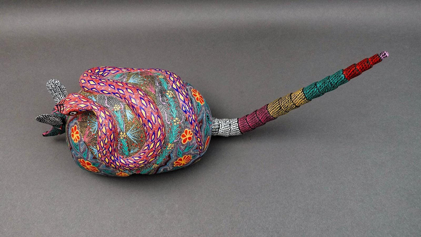 Oaxacan Wood Carved Painted Armadillo Snake Alebrije Mexican Art Sculpture 21.5"