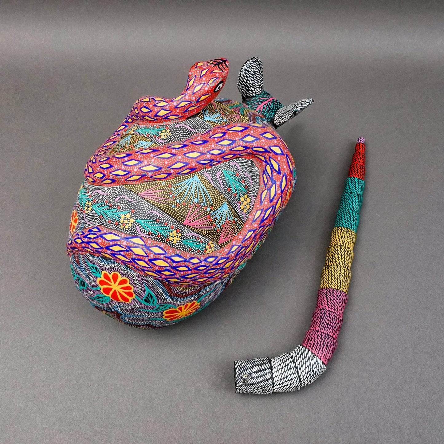 Oaxacan Wood Carved Painted Armadillo Snake Alebrije Mexican Art Sculpture 21.5"