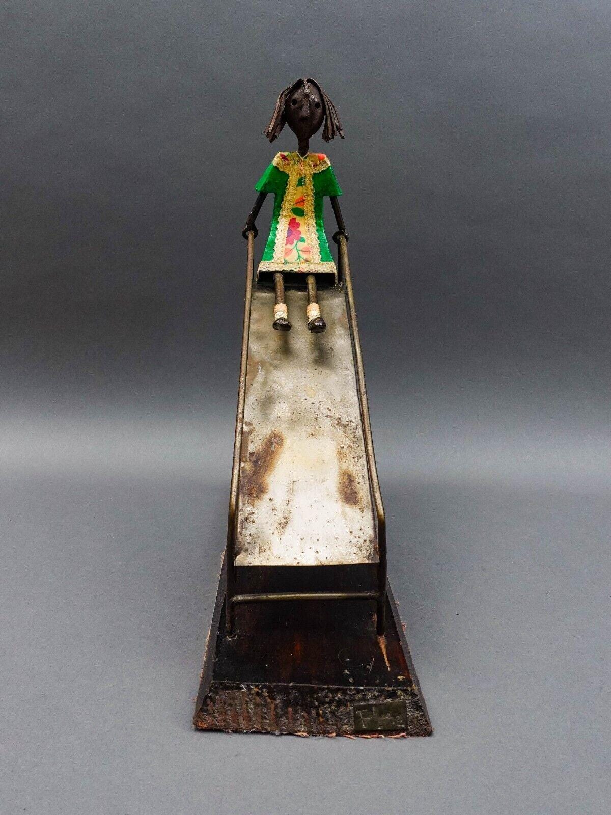 Manuel Felguerez Mexico Signed Girl On Slide Large Metal Art Sculpture 14 1/2"