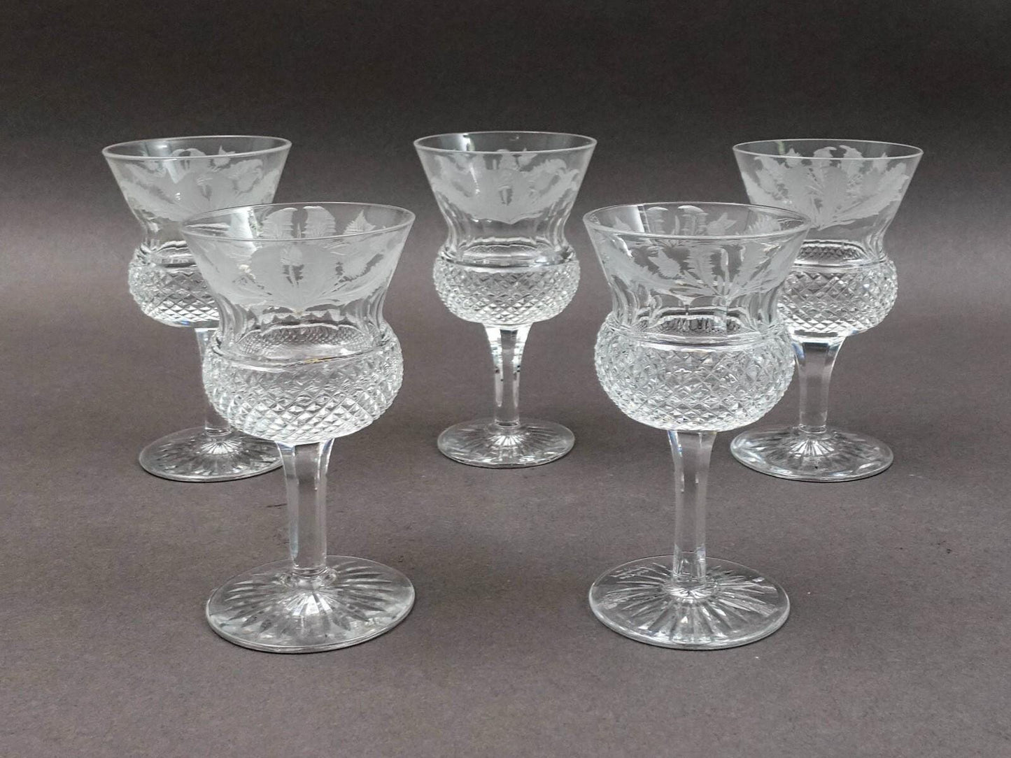 Edinburgh Crystal Scotland 4 1/4"-4 1/2" Thistle Sherry Glasses Set Of 5 (Read)