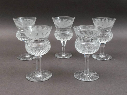 Edinburgh Crystal Scotland 4 1/4"-4 1/2" Thistle Sherry Glasses Set Of 5 (Read)