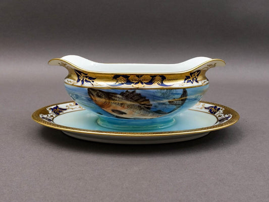 Noritake Japan Hand Painted Fish Trout Gravy Sauce Boat & Attached Underplate