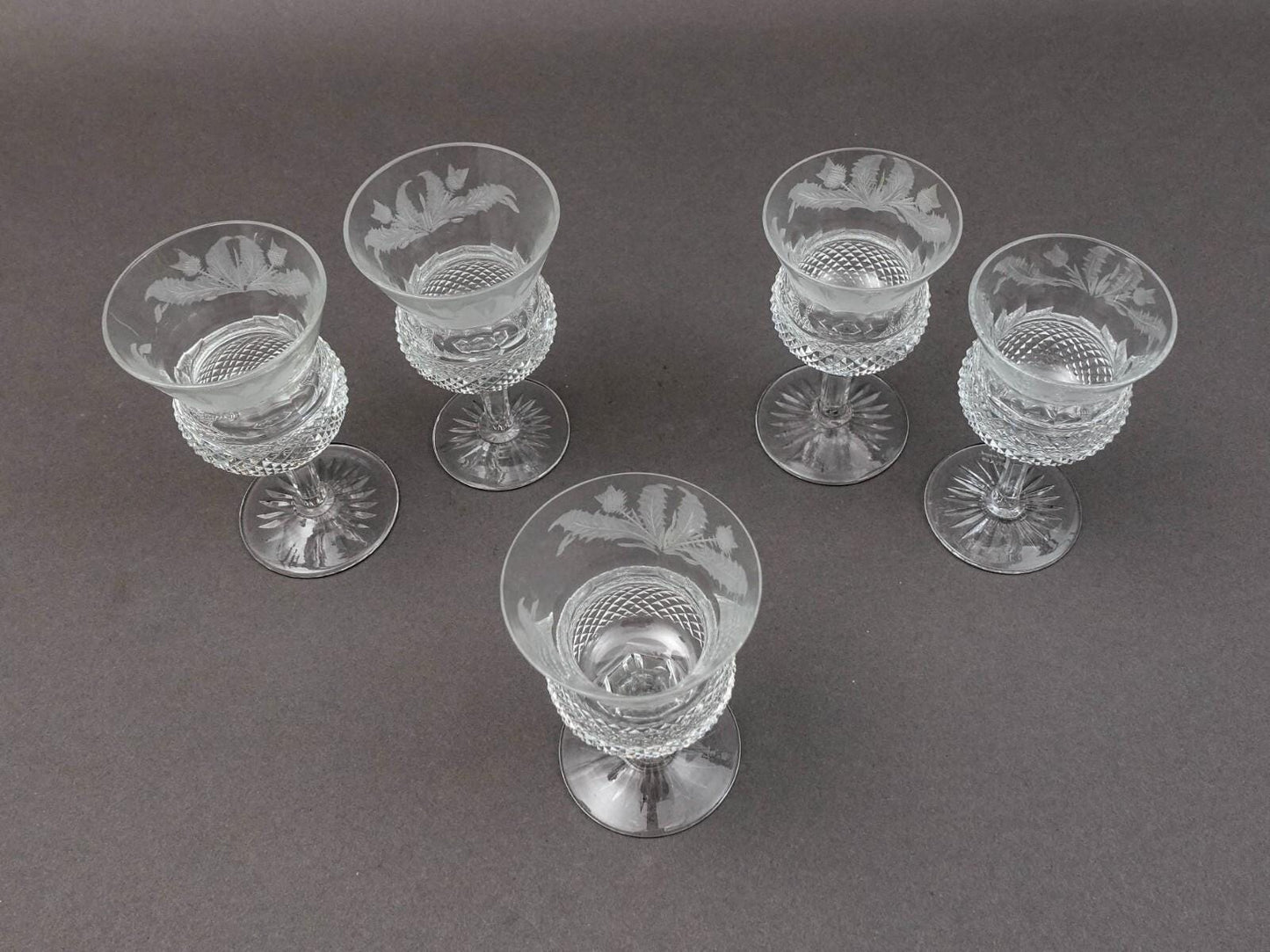 Edinburgh Crystal Scotland 4 1/4"-4 1/2" Thistle Sherry Glasses Set Of 5 (Read)
