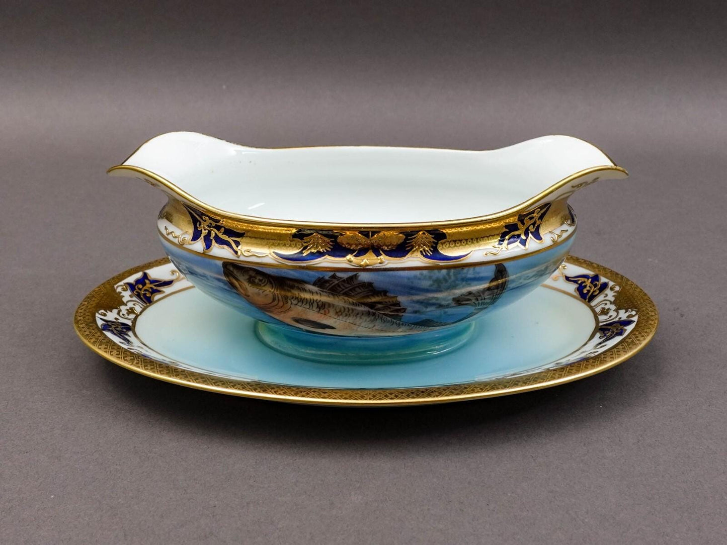 Noritake Japan Hand Painted Fish Trout Gravy Sauce Boat & Attached Underplate