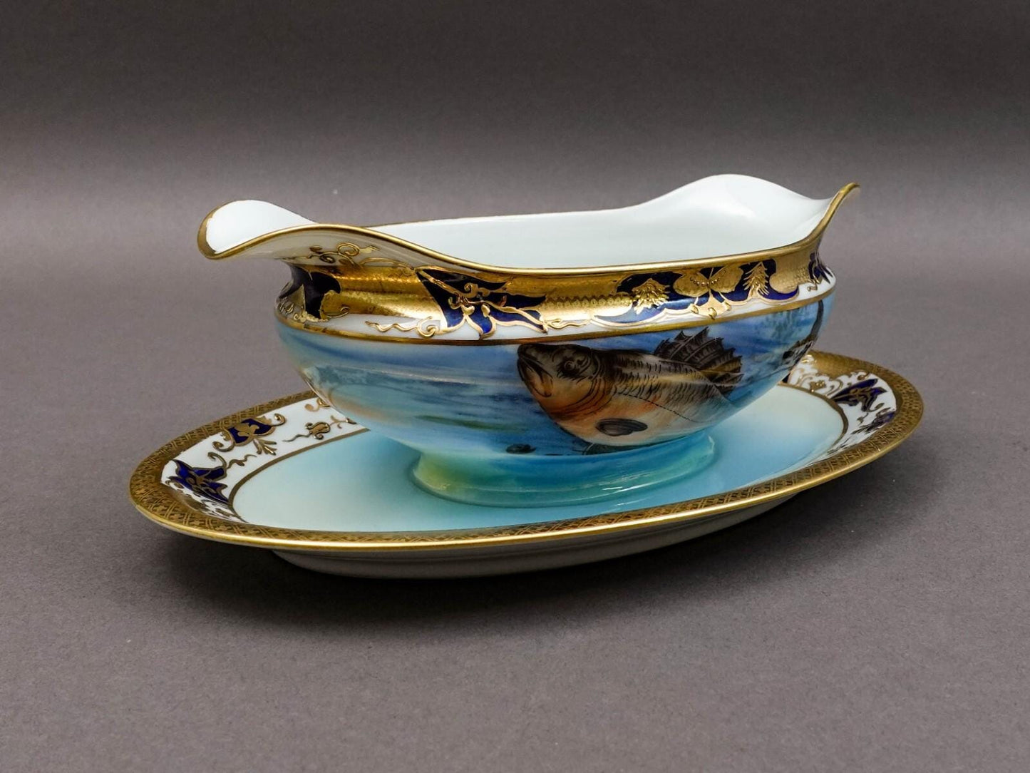 Noritake Japan Hand Painted Fish Trout Gravy Sauce Boat & Attached Underplate