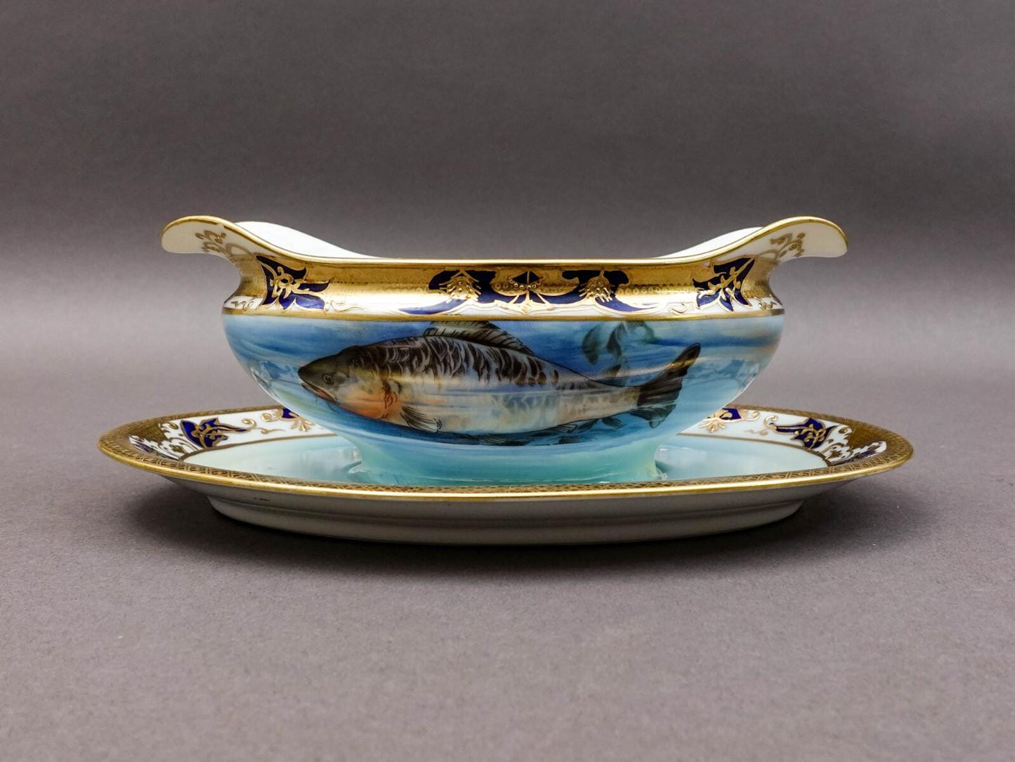 Noritake Japan Hand Painted Fish Trout Gravy Sauce Boat & Attached Underplate