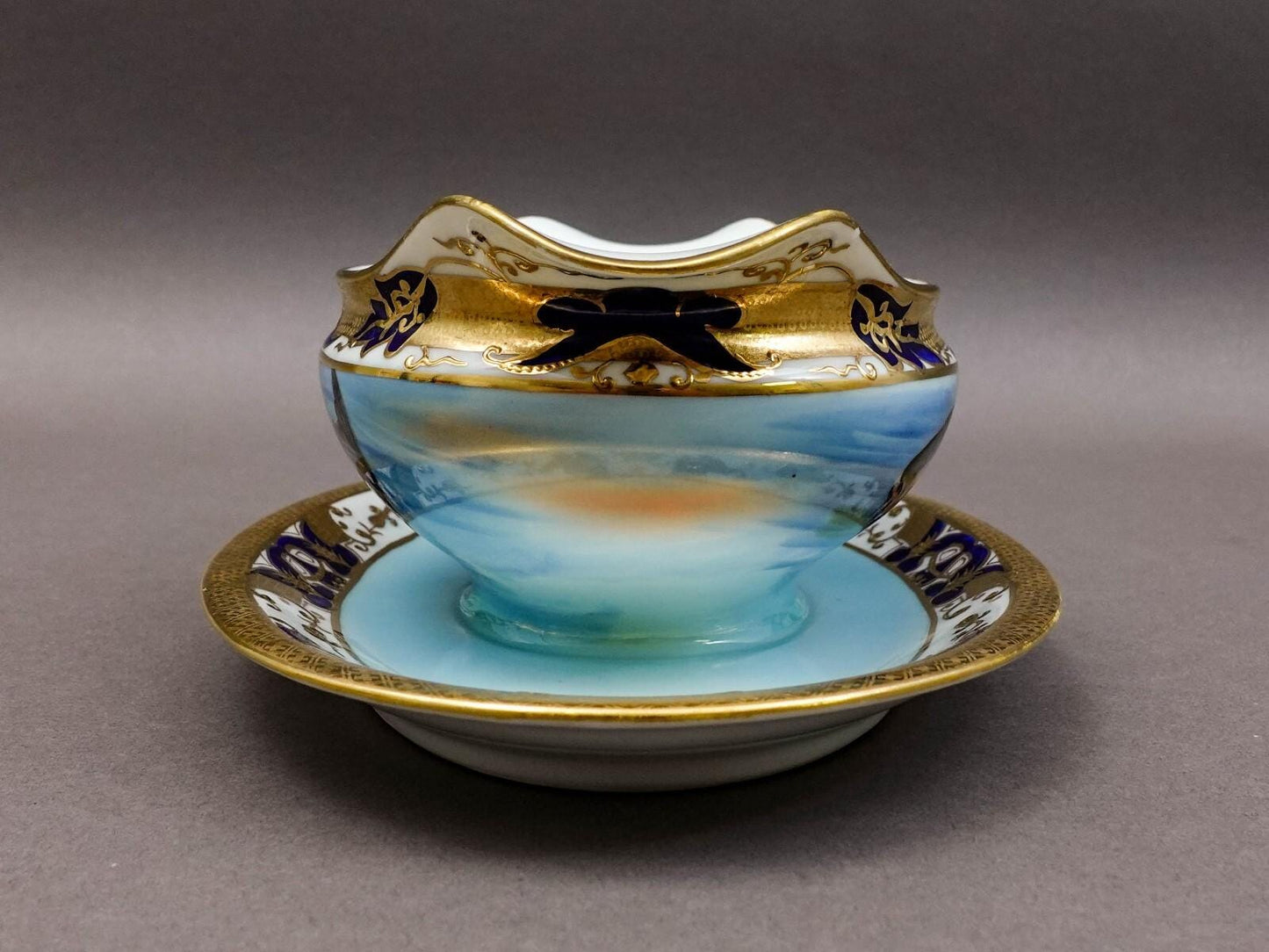Noritake Japan Hand Painted Fish Trout Gravy Sauce Boat & Attached Underplate