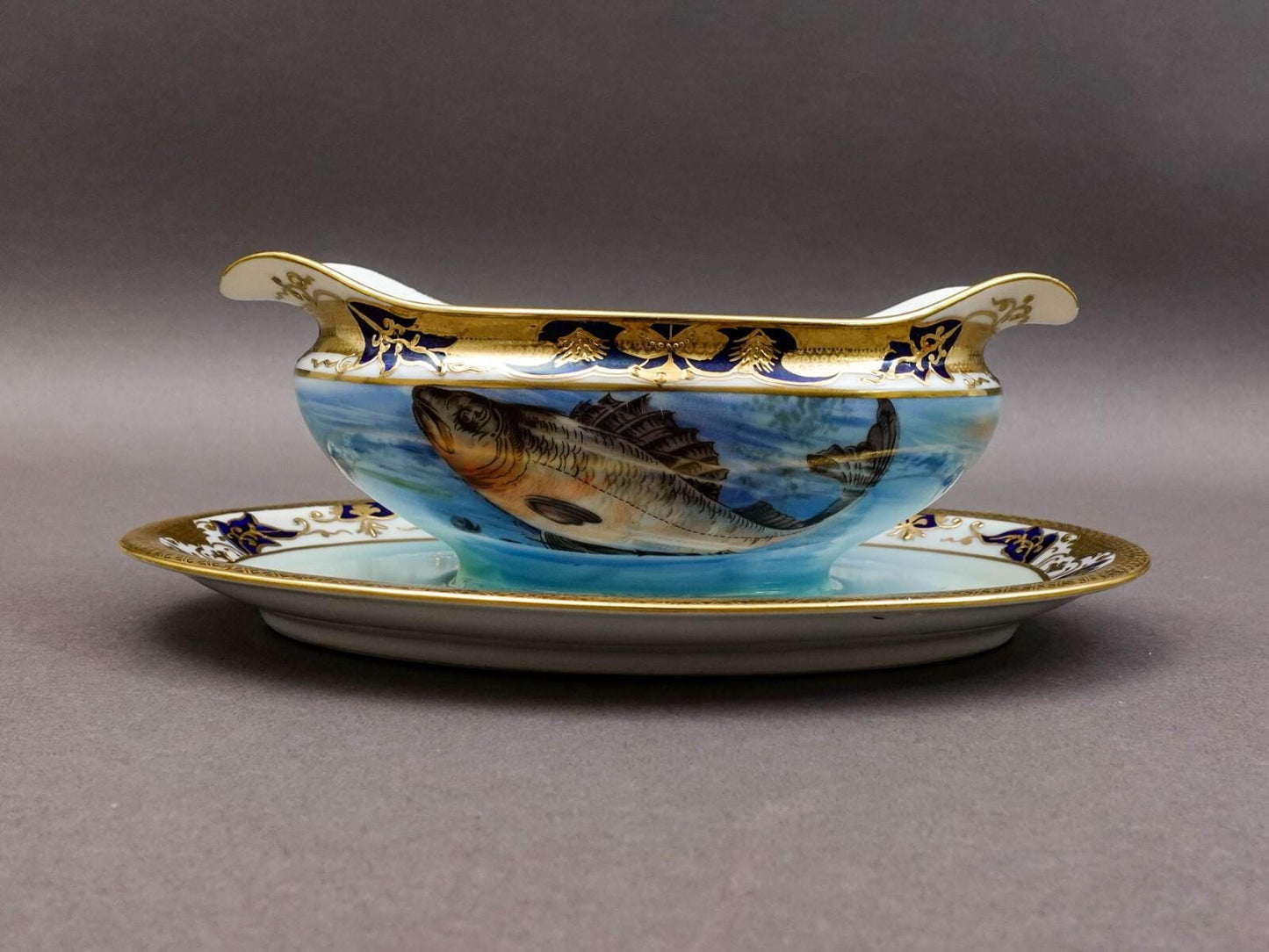 Noritake Japan Hand Painted Fish Trout Gravy Sauce Boat & Attached Underplate