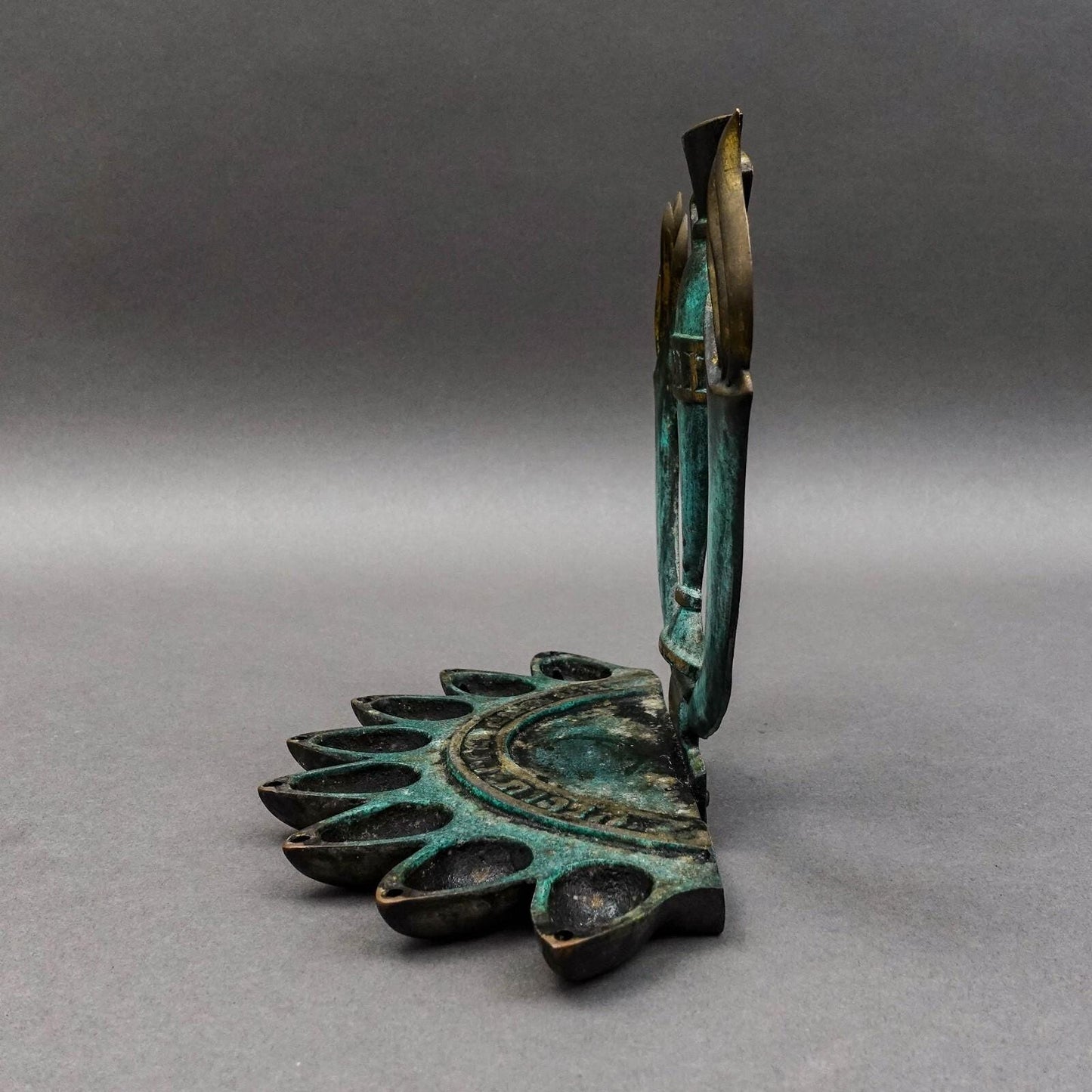 Israel Mid Century Brass Verdigris Patina Hanukkah Menorah Oil Lamp