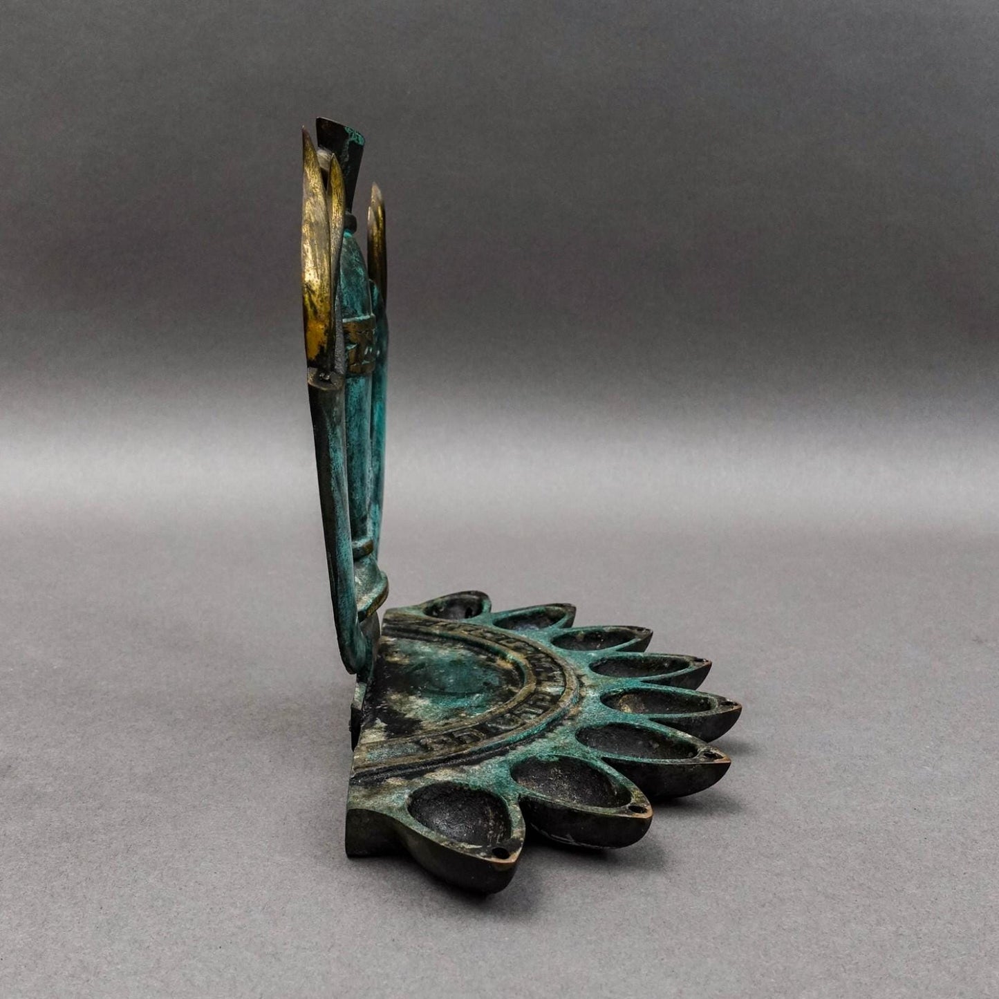 Israel Mid Century Brass Verdigris Patina Hanukkah Menorah Oil Lamp