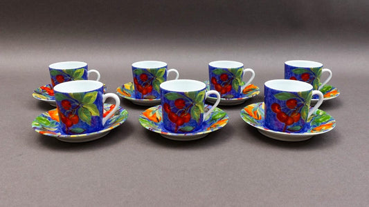 Laure Japy Paris Limoges Jardin Bleu Fruit Demitasse Cup & Saucer Set Of 7