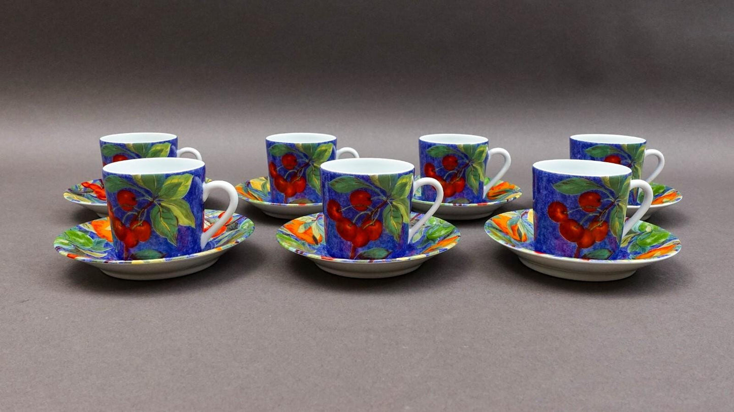 Laure Japy Paris Limoges Jardin Bleu Fruit Demitasse Cup & Saucer Set Of 7