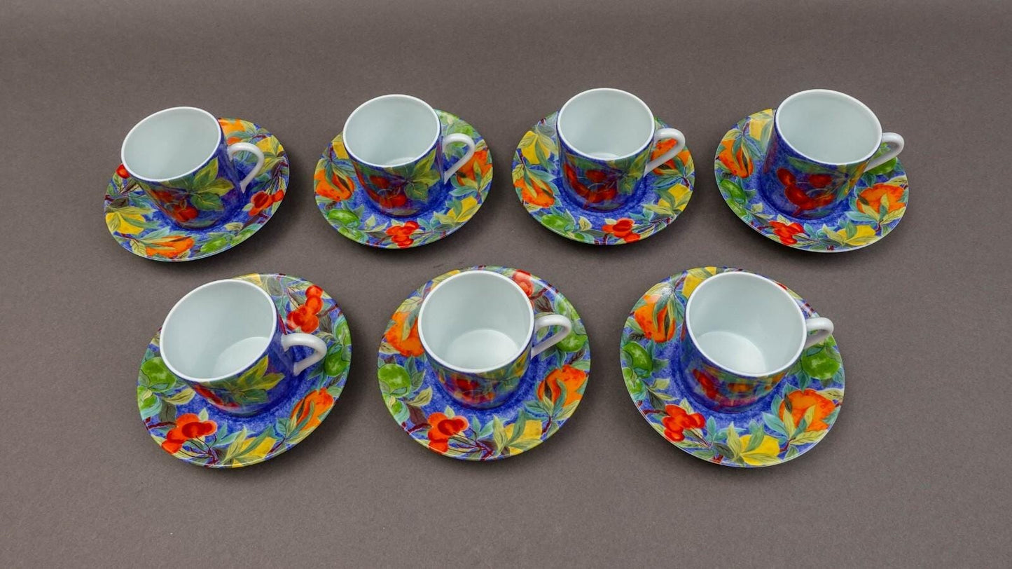 Laure Japy Paris Limoges Jardin Bleu Fruit Demitasse Cup & Saucer Set Of 7