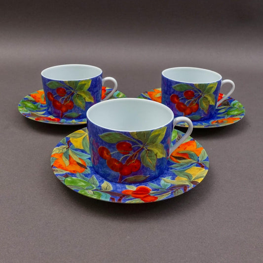 Laure Japy Paris Limoges France Jardin Bleu Fruit Flat Cup & Saucer Set Of 3