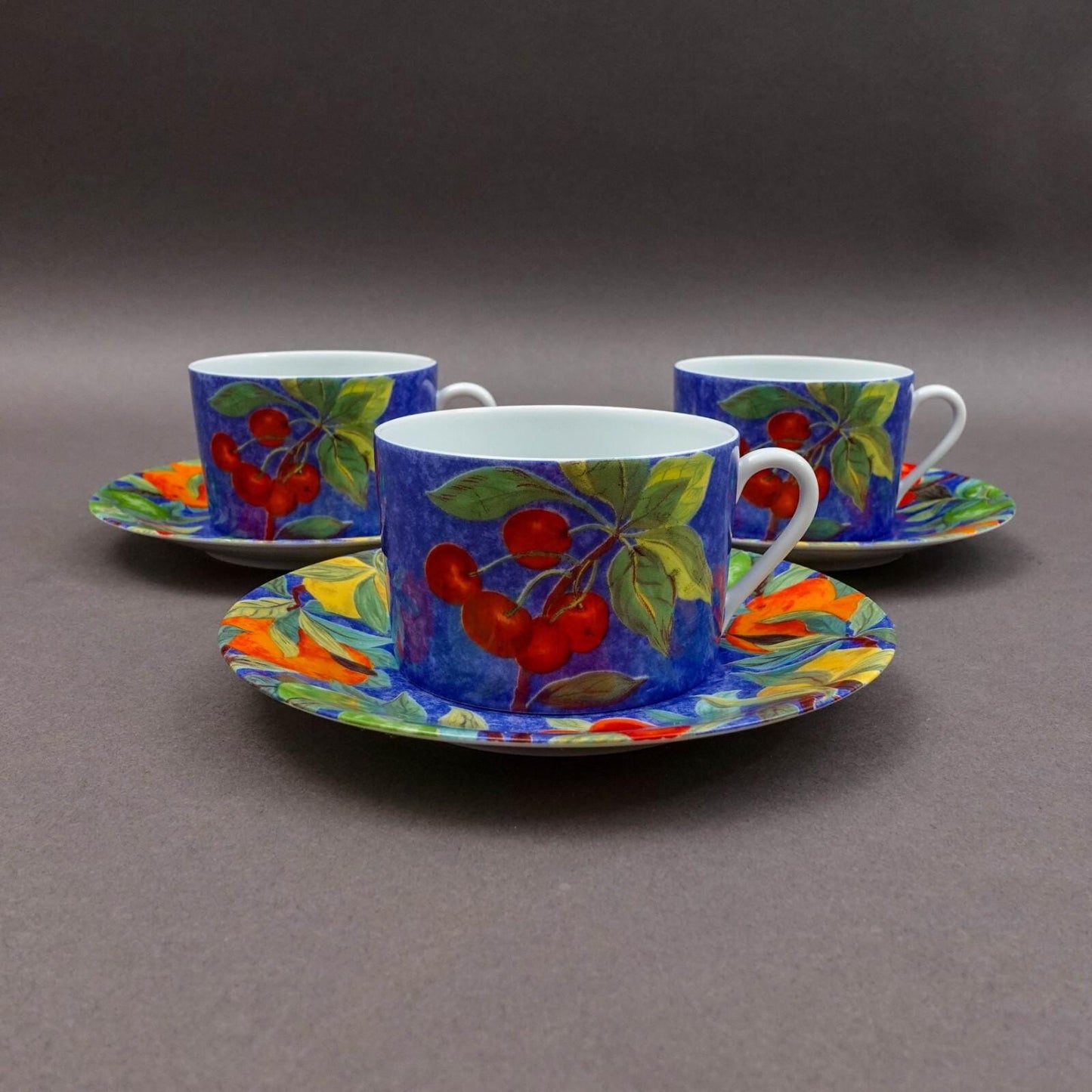 Laure Japy Paris Limoges France Jardin Bleu Fruit Flat Cup & Saucer Set Of 3