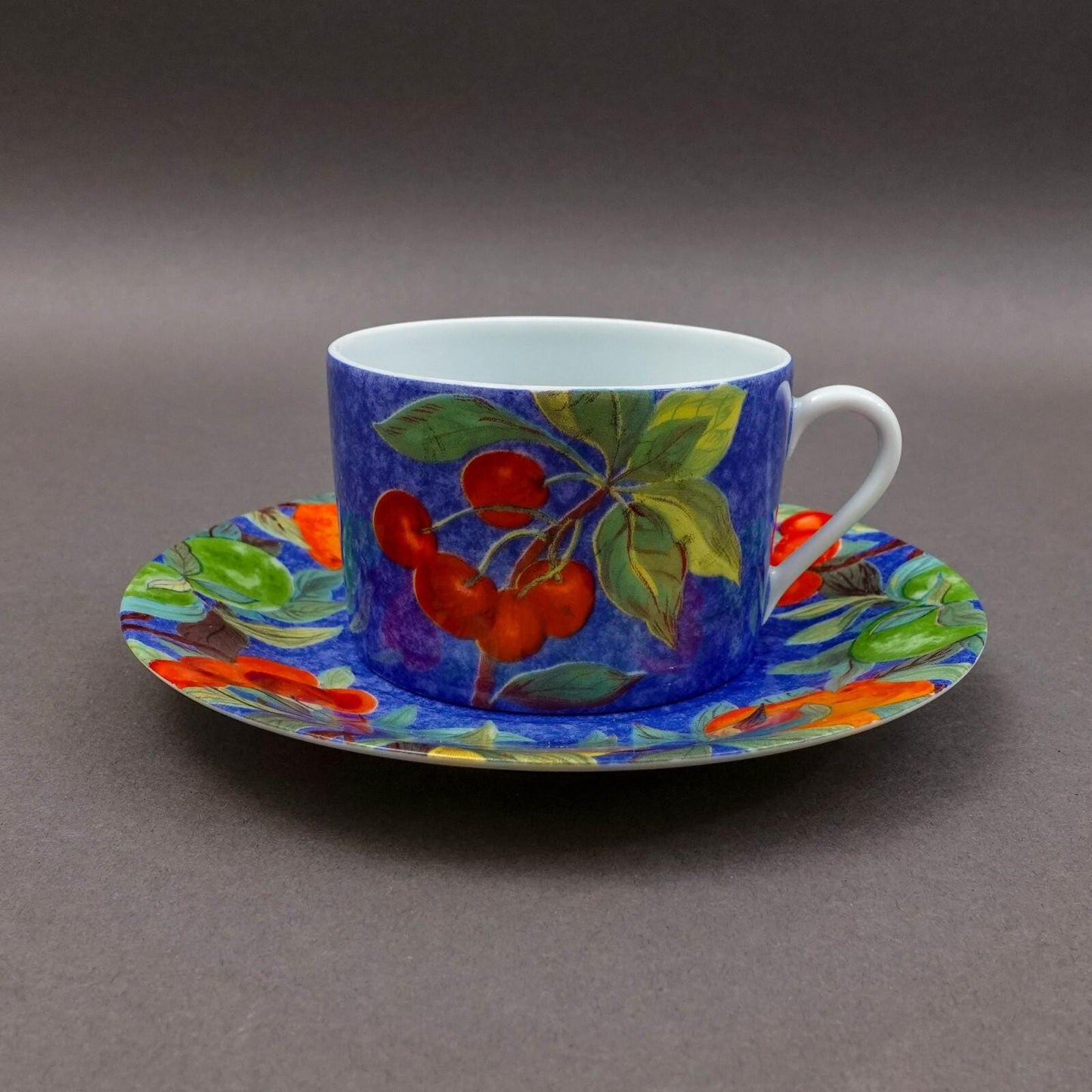 Laure Japy Paris Limoges France Jardin Bleu Fruit Flat Cup & Saucer Set Of 3