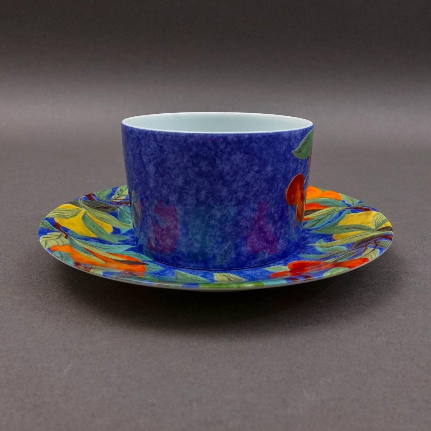 Laure Japy Paris Limoges France Jardin Bleu Fruit Flat Cup & Saucer Set Of 3
